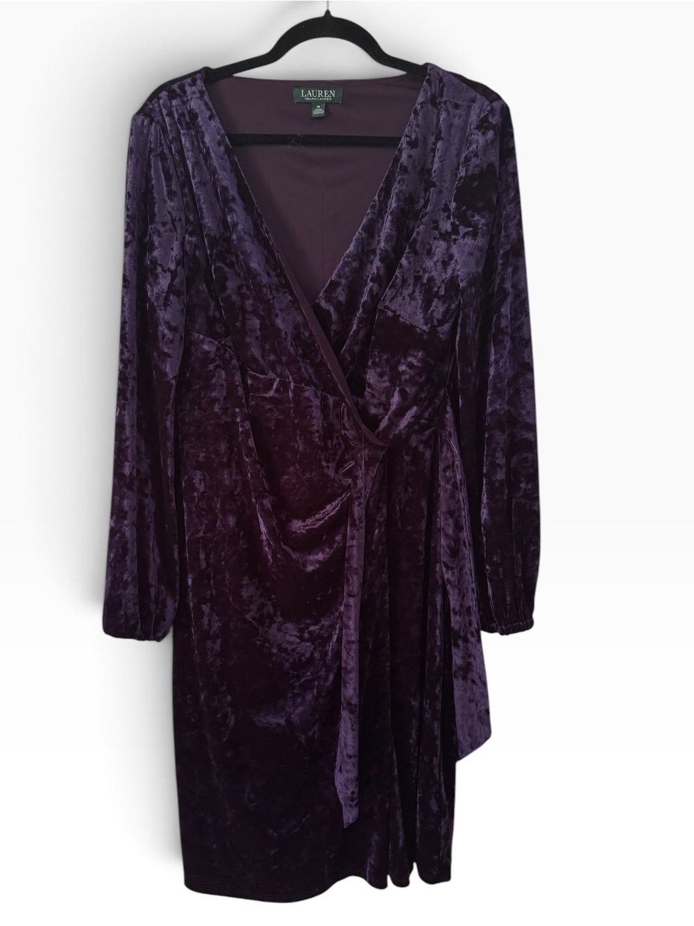 Ralph Lauren Royal Crushed Velvet Faux Wrap Long Sleeve Dress Size 14